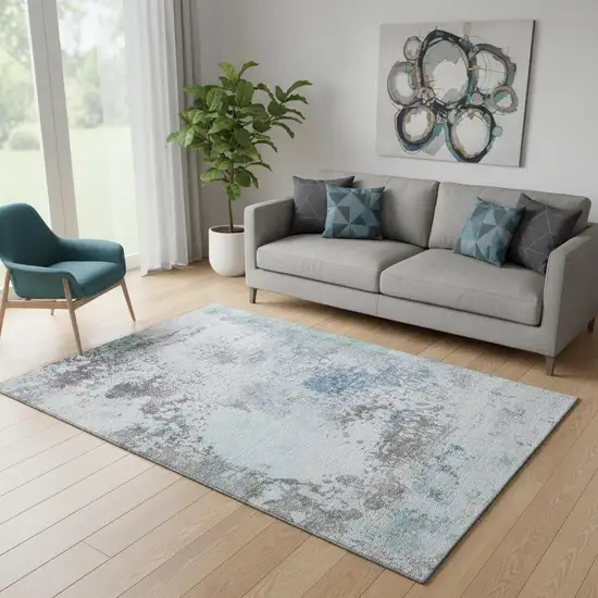 Turquoise And Gray Abstract Washable Area Rug With UV Protection Photo 2