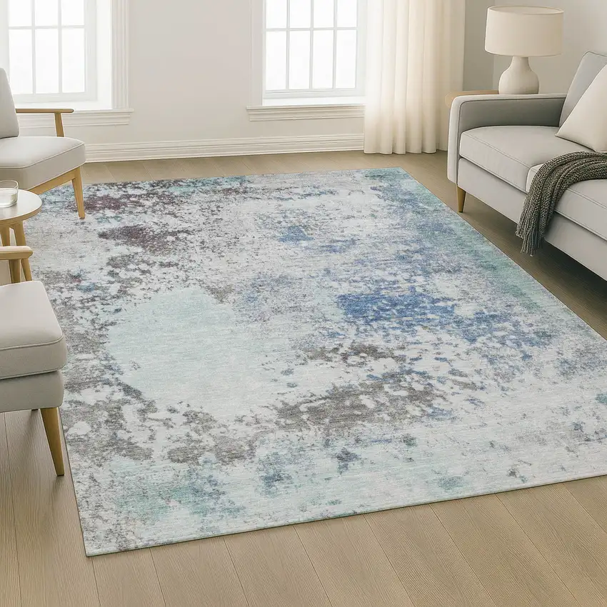 Turquoise And Gray Abstract Washable Area Rug With UV Protection Photo 5