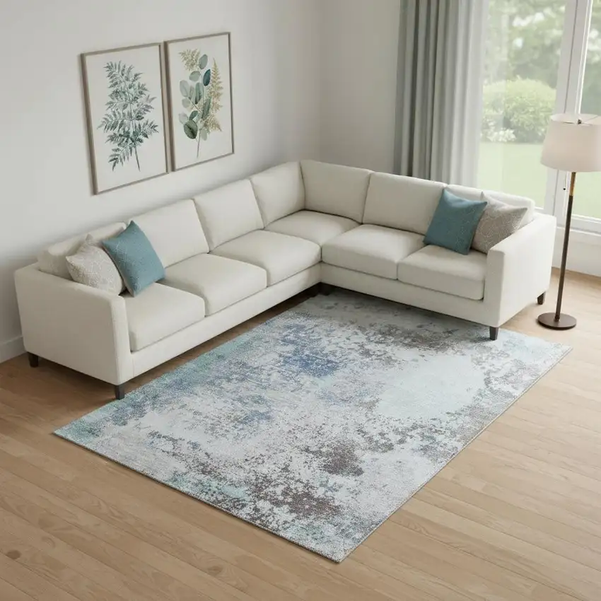 Turquoise And Gray Abstract Washable Area Rug With UV Protection Photo 2