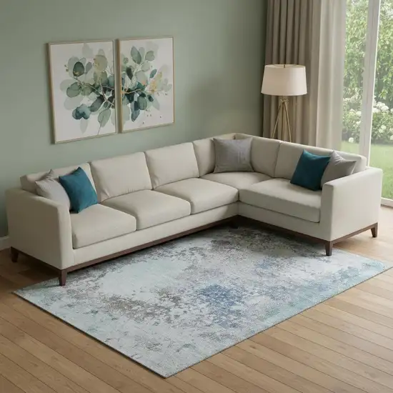 Turquoise And Gray Abstract Washable Area Rug With UV Protection Photo 2