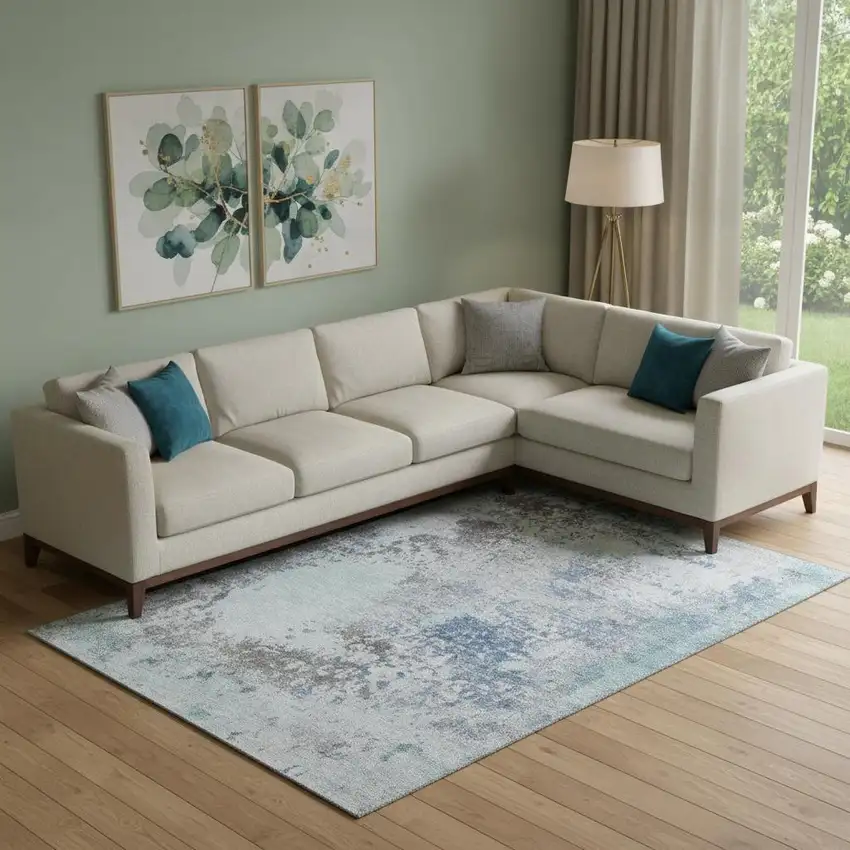 Turquoise And Gray Abstract Washable Area Rug With UV Protection Photo 2