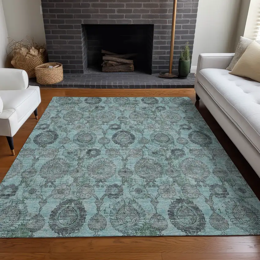 Turquoise And Gray Damask Washable Area Rug With UV Protection Photo 5
