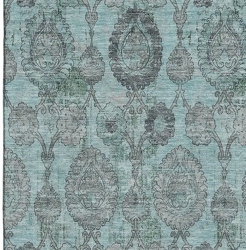 Turquoise And Gray Damask Washable Area Rug With UV Protection Photo 4