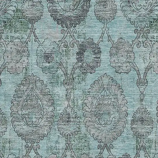 Turquoise And Gray Damask Washable Area Rug With UV Protection Photo 3