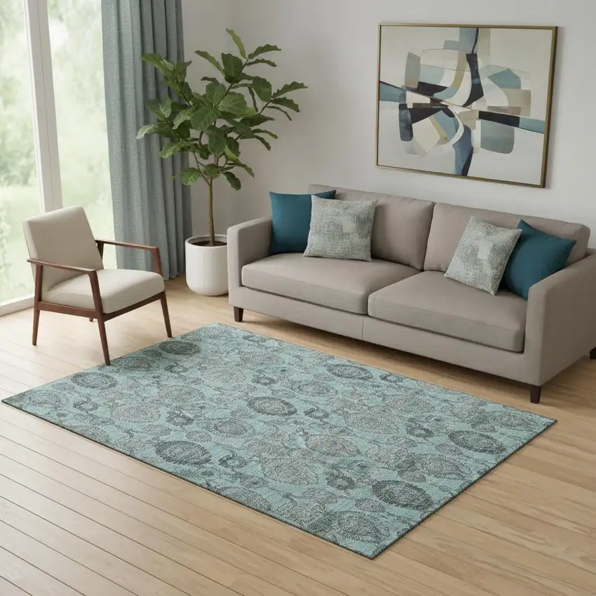 Turquoise And Gray Damask Washable Area Rug With UV Protection Photo 1