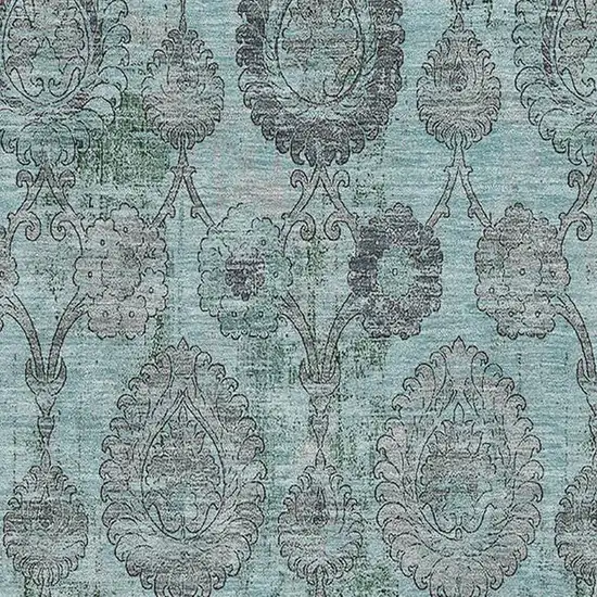 Turquoise And Gray Damask Washable Area Rug With UV Protection Photo 3