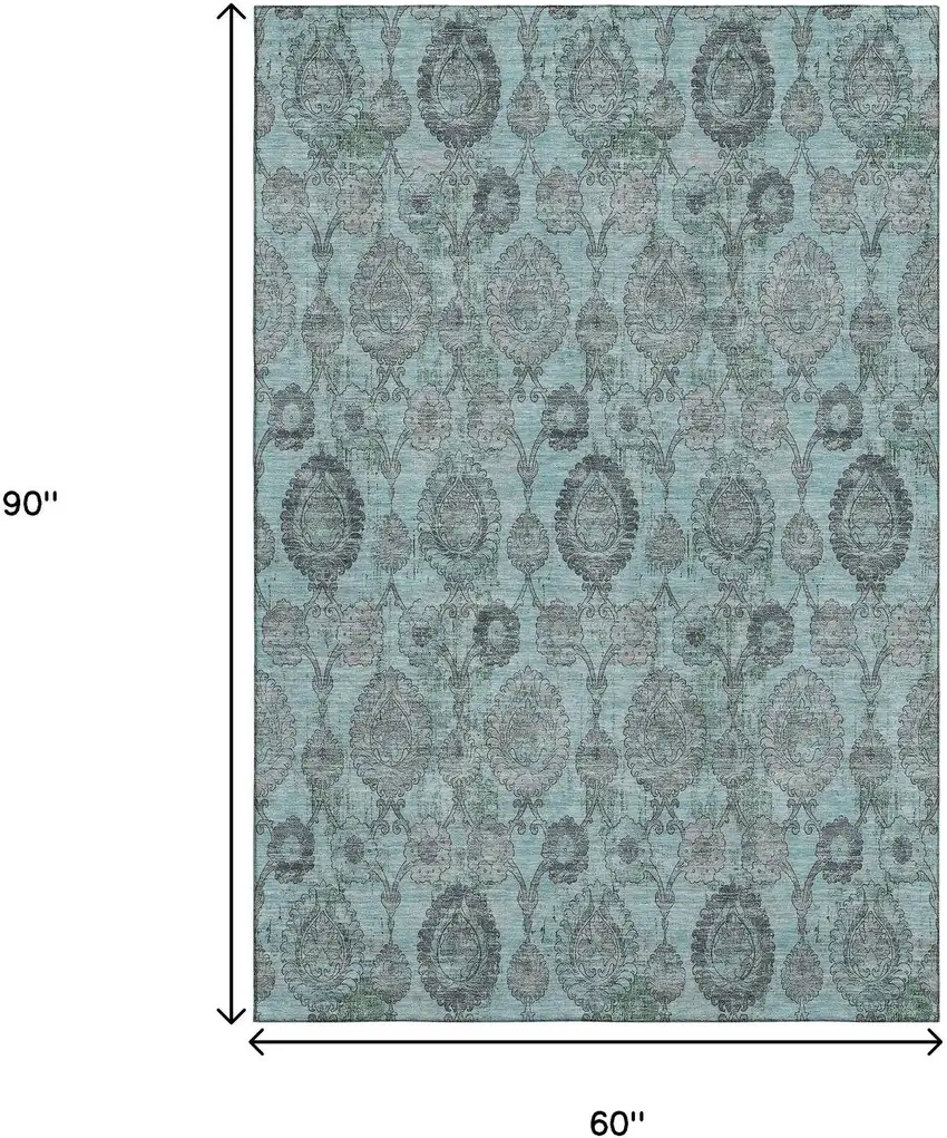 Turquoise And Gray Damask Washable Area Rug With UV Protection Photo 3