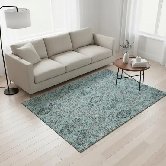 Turquoise And Gray Damask Washable Area Rug With UV Protection Photo 2