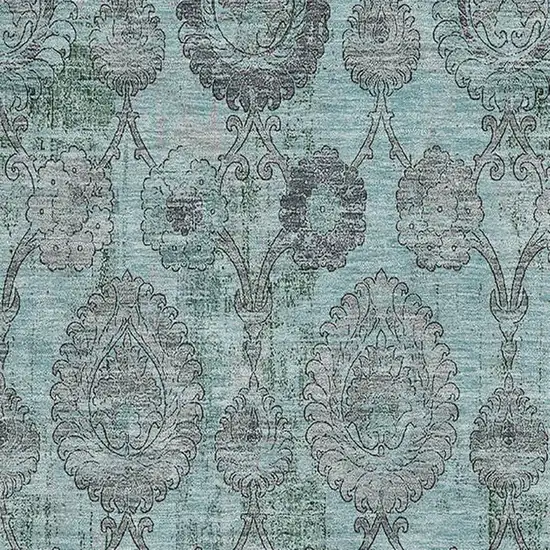 Turquoise And Gray Damask Washable Area Rug With UV Protection Photo 3