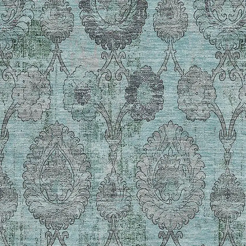 Turquoise And Gray Damask Washable Area Rug With UV Protection Photo 3