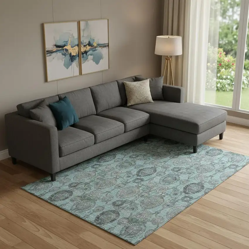 Turquoise And Gray Damask Washable Area Rug With UV Protection Photo 1