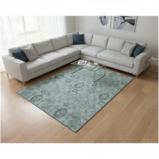 Turquoise And Gray Damask Washable Area Rug With UV Protection Photo 2