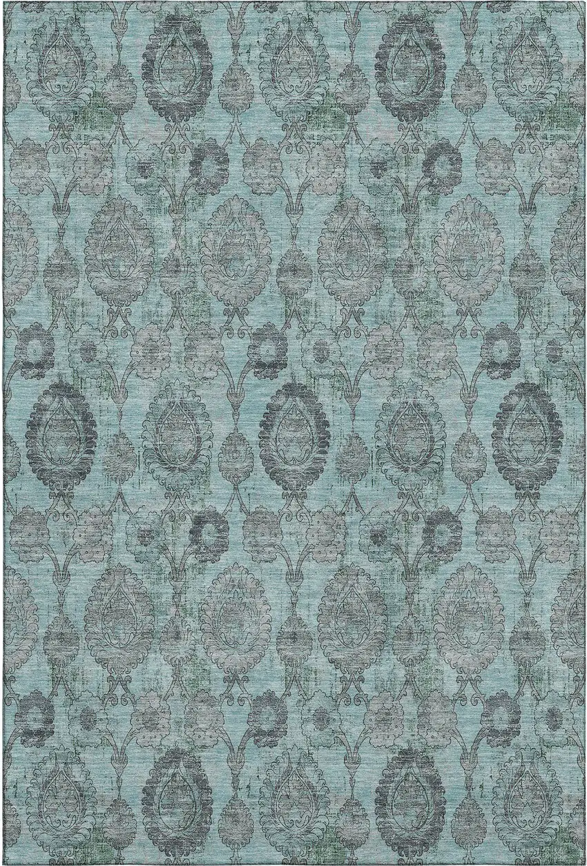 Turquoise And Gray Damask Washable Area Rug With UV Protection Photo 1