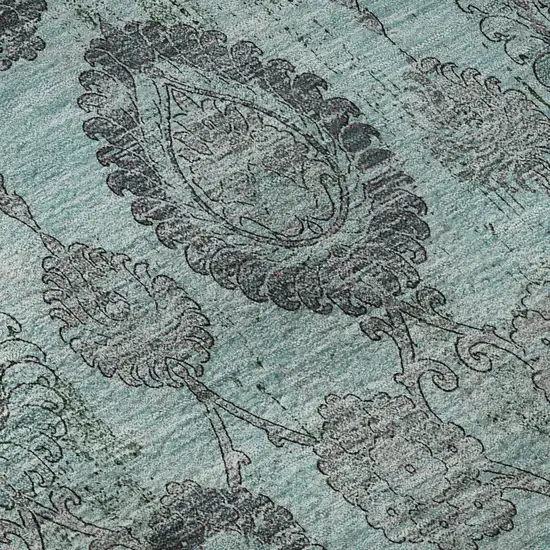 Turquoise And Gray Damask Washable Area Rug With UV Protection Photo 9