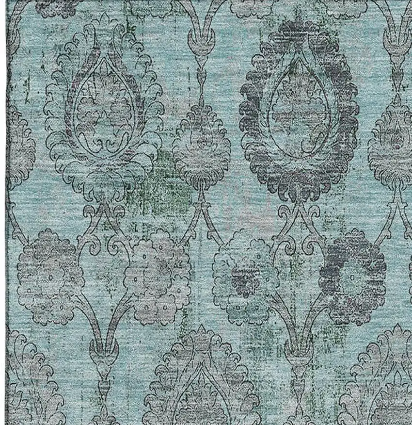 Turquoise And Gray Damask Washable Area Rug With UV Protection Photo 3