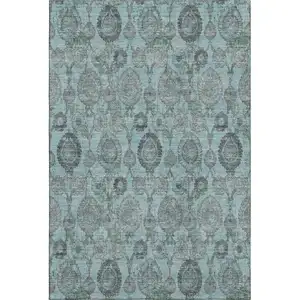 Photo of Turquoise And Gray Damask Washable Area Rug With UV Protection