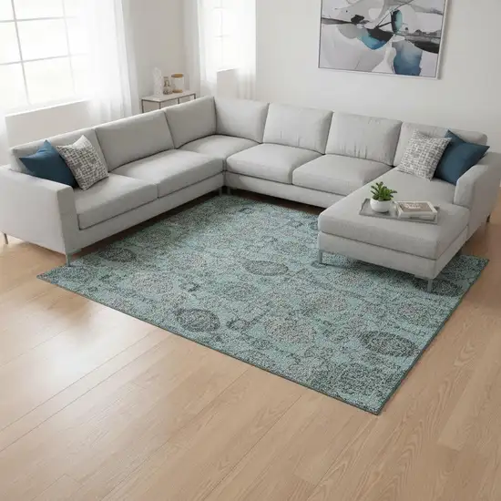 Turquoise And Gray Damask Washable Area Rug With UV Protection Photo 2