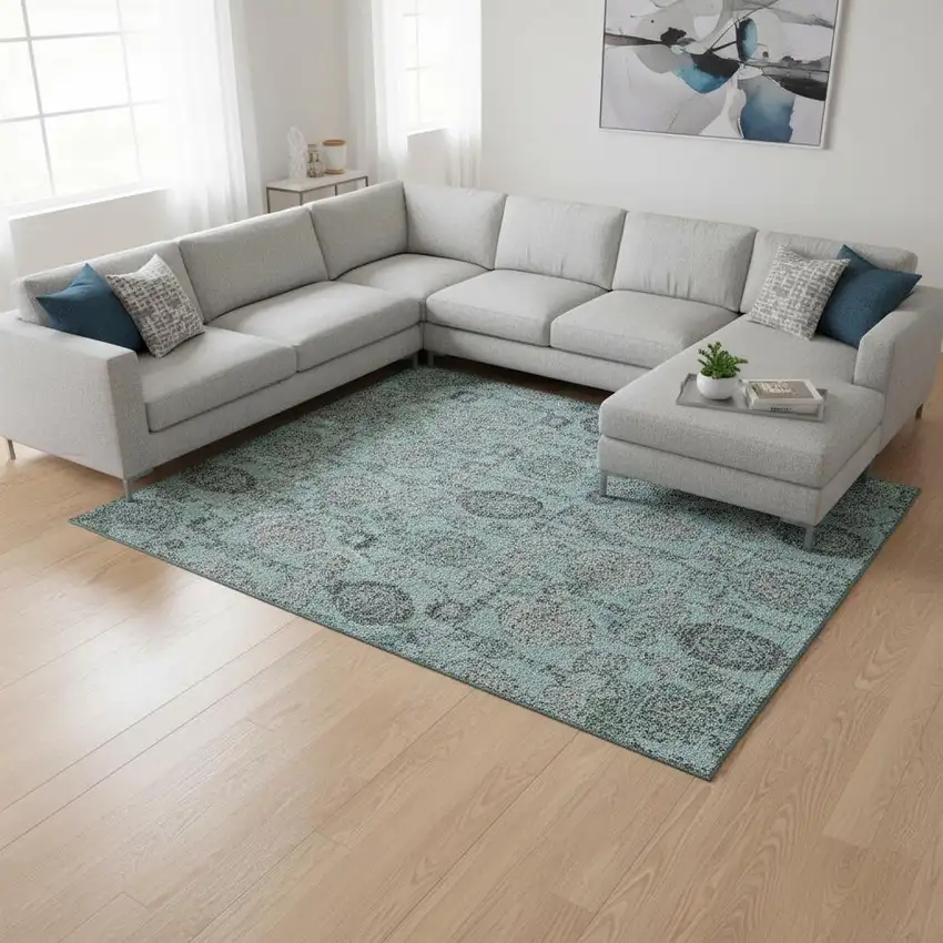 Turquoise And Gray Damask Washable Area Rug With UV Protection Photo 2