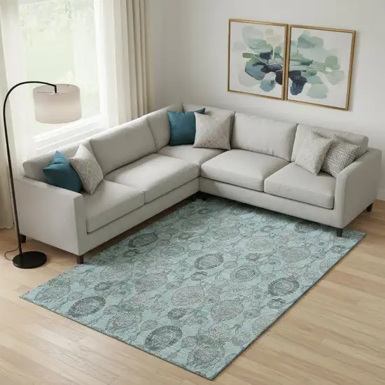 Turquoise And Gray Damask Washable Area Rug With UV Protection Photo 1