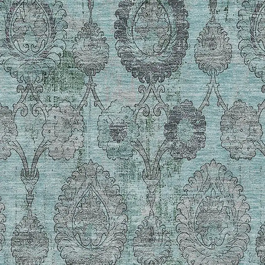 Turquoise And Gray Damask Washable Area Rug With UV Protection Photo 3