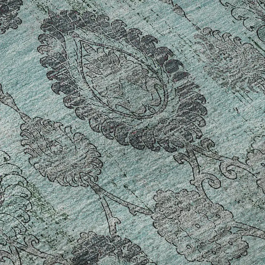 Turquoise And Gray Damask Washable Area Rug With UV Protection Photo 9
