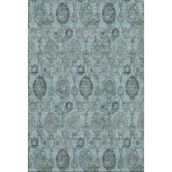 Turquoise And Gray Damask Washable Area Rug With UV Protection Photo 1