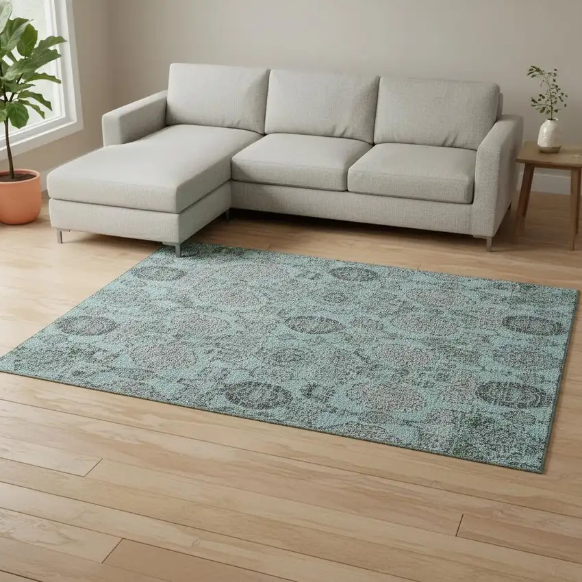 Turquoise And Gray Damask Washable Area Rug With UV Protection Photo 2