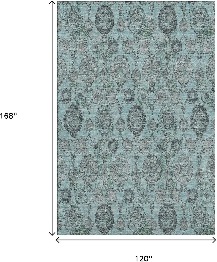 Turquoise And Gray Damask Washable Area Rug With UV Protection Photo 3