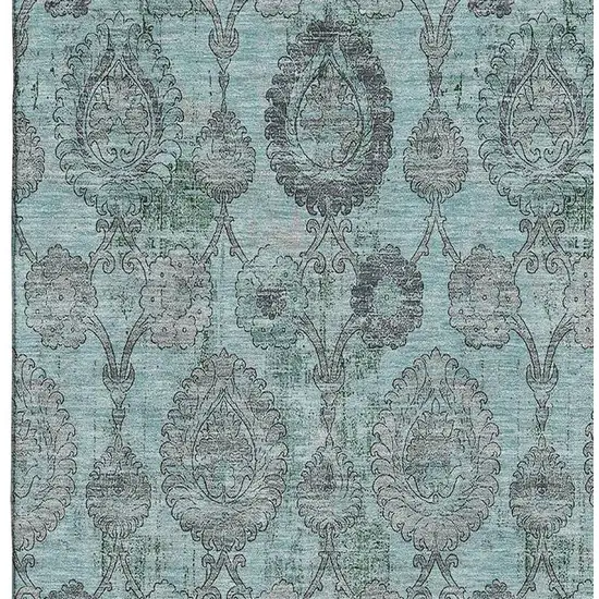 Turquoise And Gray Damask Washable Area Rug With UV Protection Photo 4
