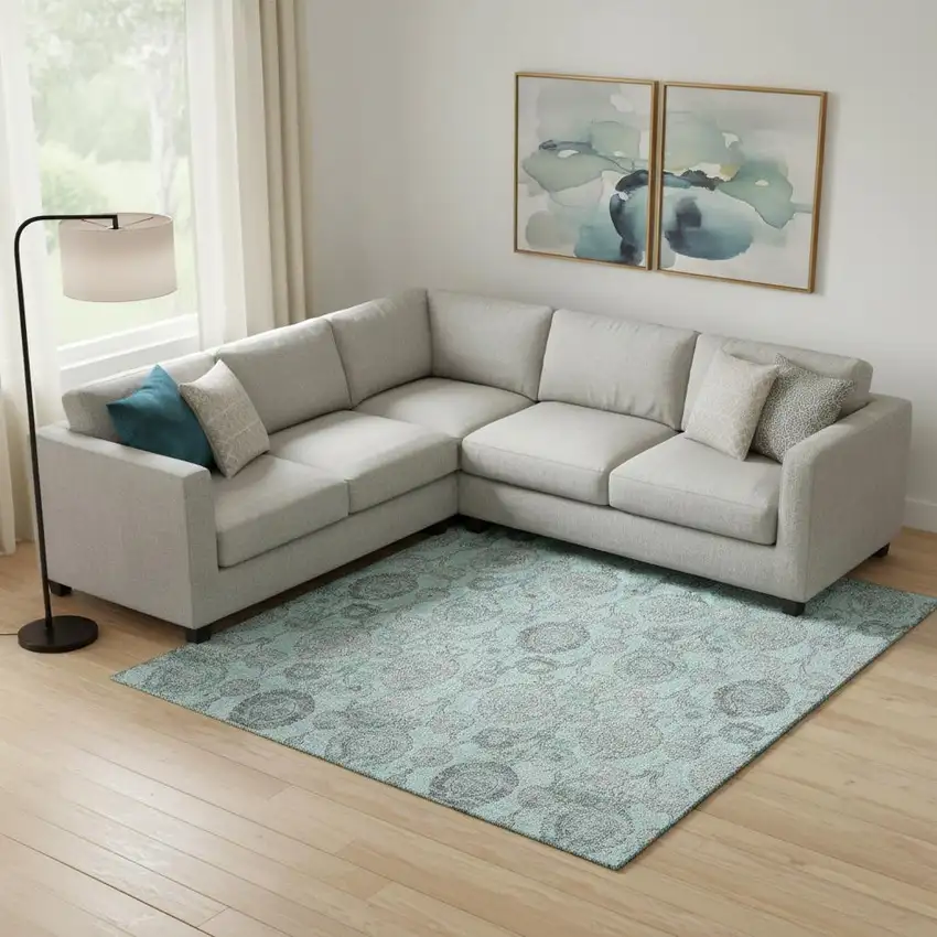 Turquoise And Gray Damask Washable Area Rug With UV Protection Photo 1