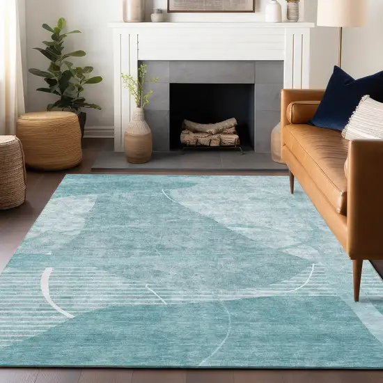 Turquoise And Ivory Abstract Geometric Washable Area Rug With UV Protection Photo 6