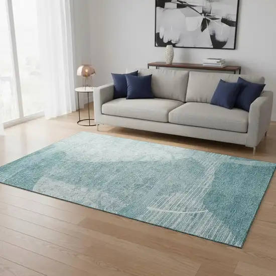 Turquoise And Ivory Abstract Geometric Washable Area Rug With UV Protection Photo 2