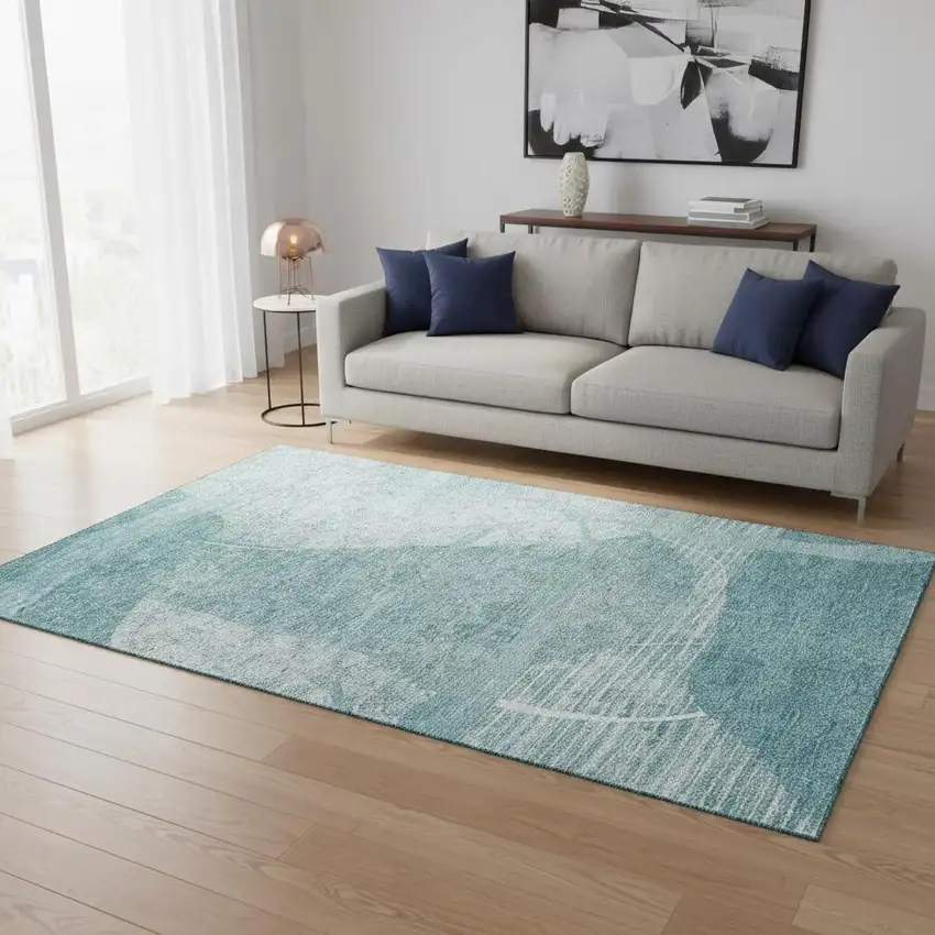 Turquoise And Ivory Abstract Geometric Washable Area Rug With UV Protection Photo 2