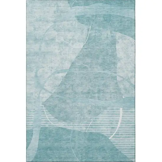 Turquoise And Ivory Abstract Geometric Washable Area Rug With UV Protection Photo 4