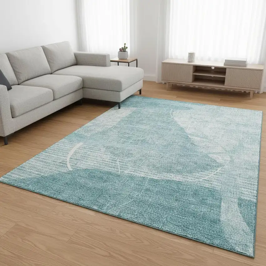 Turquoise And Ivory Abstract Geometric Washable Area Rug With UV Protection Photo 2