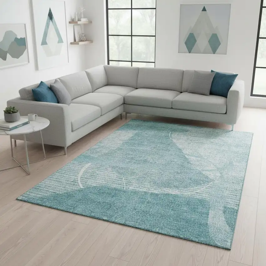 Turquoise And Ivory Abstract Geometric Washable Area Rug With UV Protection Photo 2