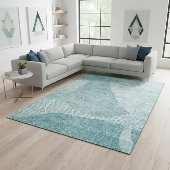 Turquoise And Ivory Abstract Geometric Washable Area Rug With UV Protection Photo 2