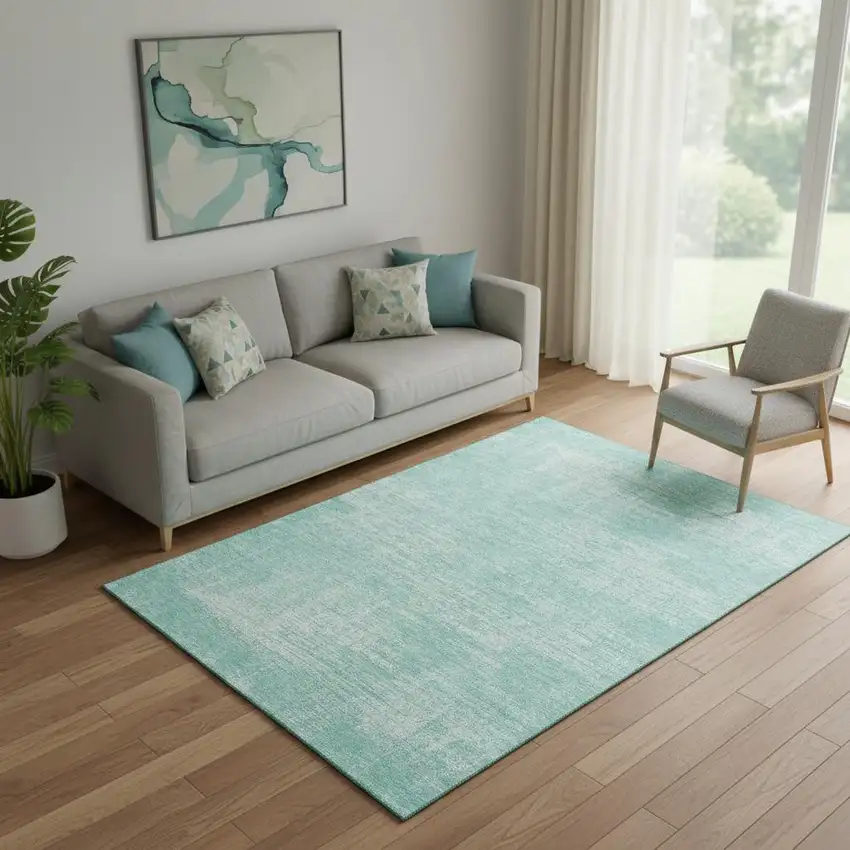 Turquoise And Ivory Abstract Washable Area Rug With UV Protection Photo 1