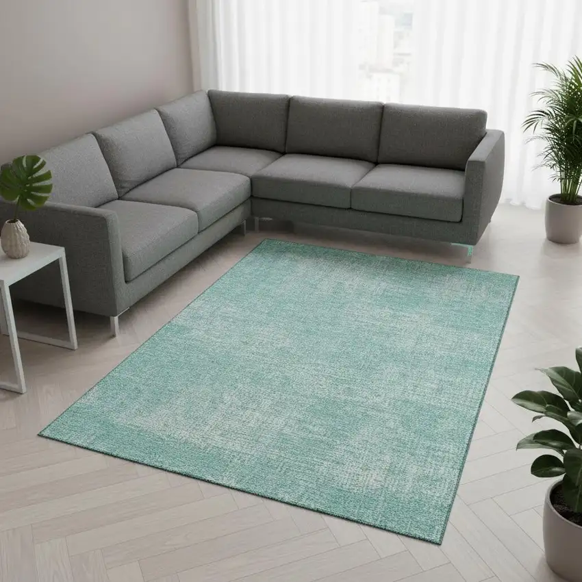 Turquoise And Ivory Abstract Washable Area Rug With UV Protection Photo 2