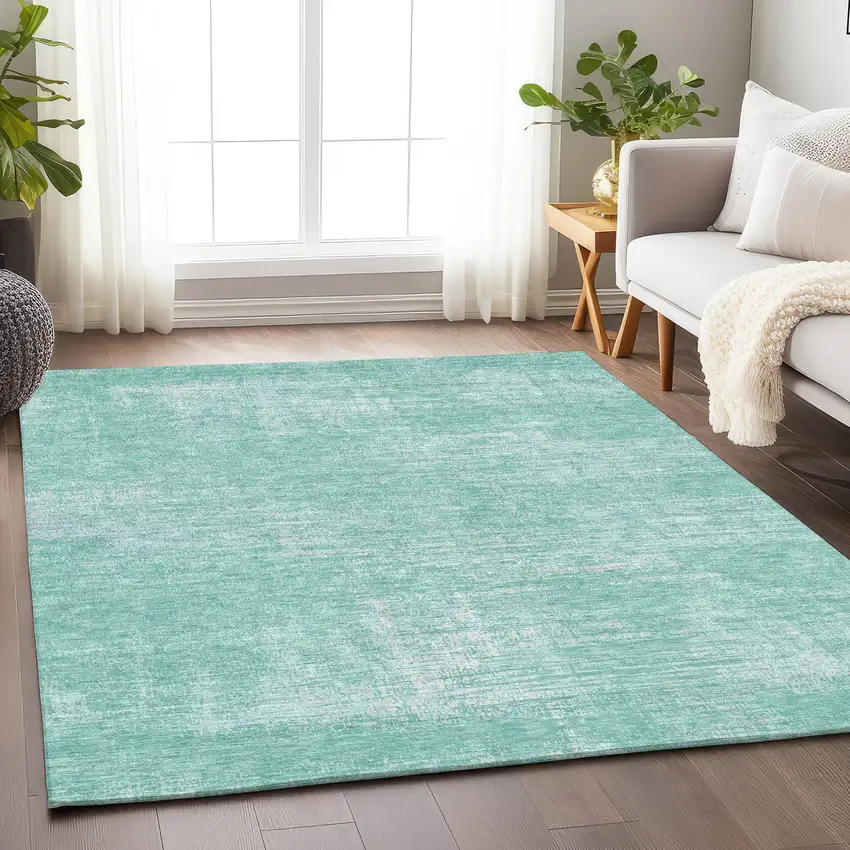 Turquoise And Ivory Abstract Washable Area Rug With UV Protection Photo 6