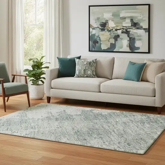 Turquoise And Ivory Abstract Washable Area Rug With UV Protection Photo 2