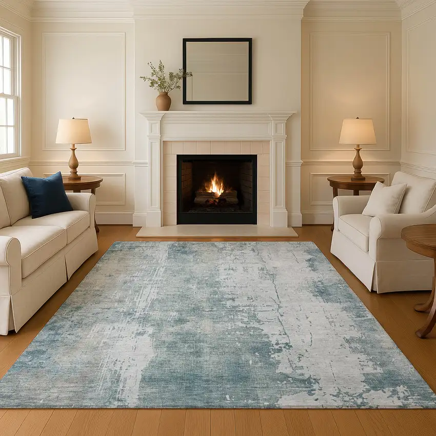 Turquoise And Ivory Abstract Washable Area Rug With UV Protection Photo 2
