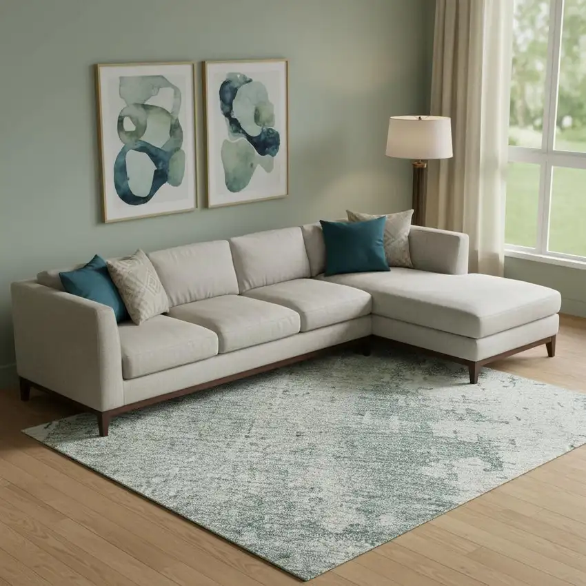 Turquoise And Ivory Abstract Washable Area Rug With UV Protection Photo 2