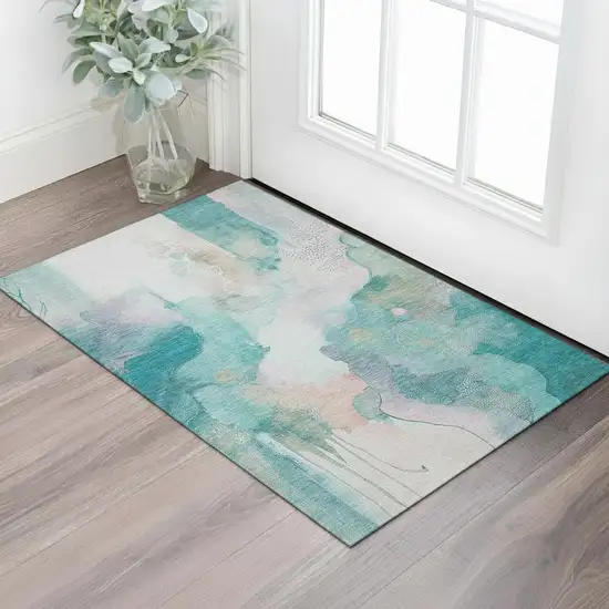 Turquoise And Ivory Abstract Washable Area Rug With UV Protection Photo 2