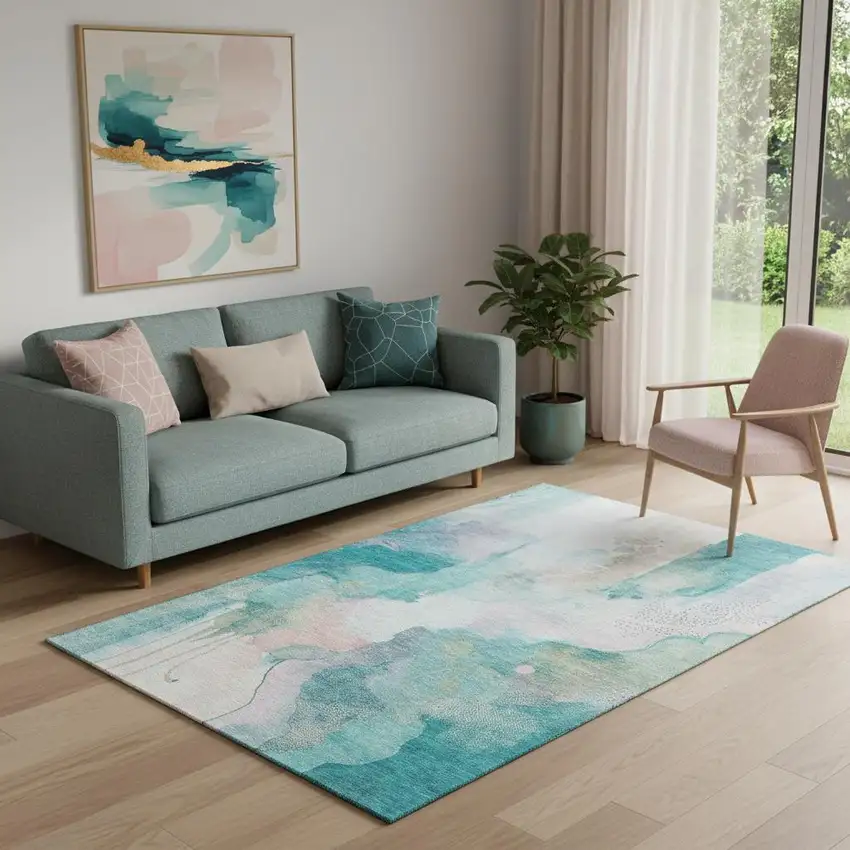 Turquoise And Ivory Abstract Washable Area Rug With UV Protection Photo 2