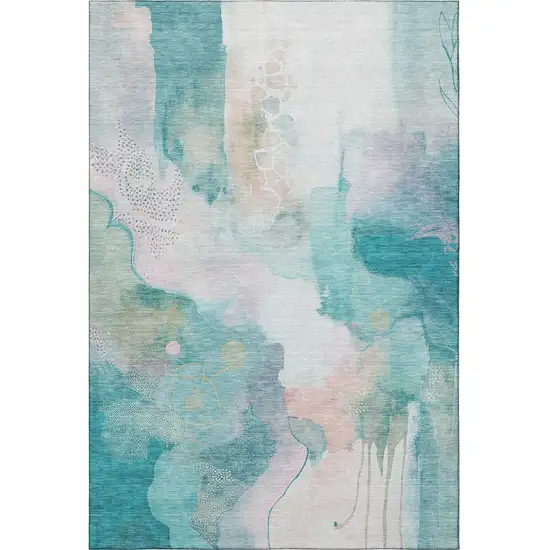 Turquoise And Ivory Abstract Washable Area Rug With UV Protection Photo 4