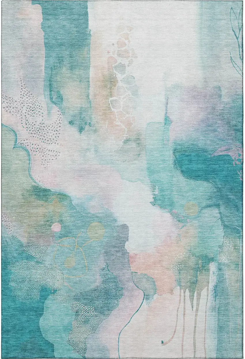 Turquoise And Ivory Abstract Washable Area Rug With UV Protection Photo 4