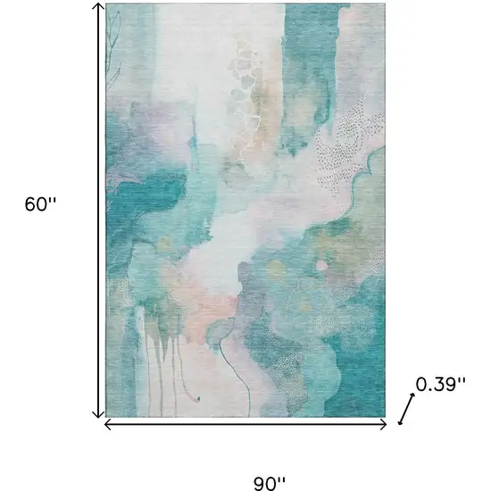 Turquoise And Ivory Abstract Washable Area Rug With UV Protection Photo 9