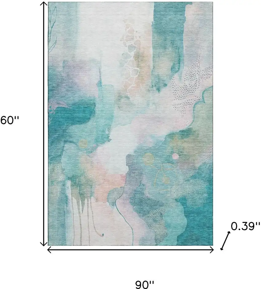 Turquoise And Ivory Abstract Washable Area Rug With UV Protection Photo 9