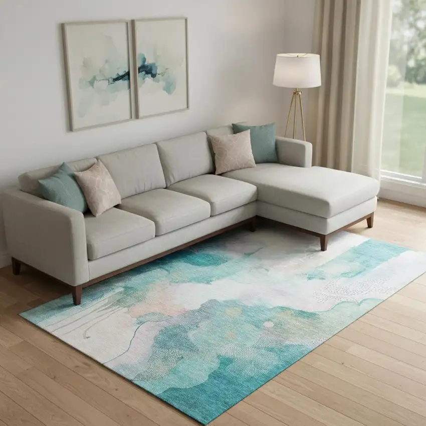Turquoise And Ivory Abstract Washable Area Rug With UV Protection Photo 2